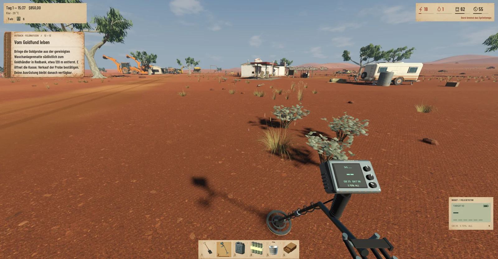 A handheld metal detector scanning red soil near an outback camp in The Nugget