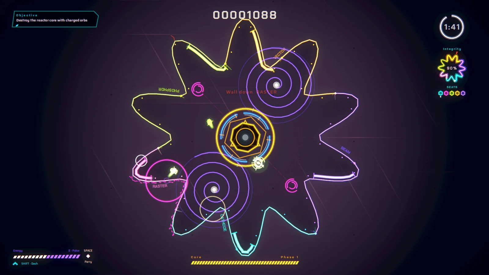 Energy orbs and a bright deflector inside PARRYGON’s multicoloured curved arena